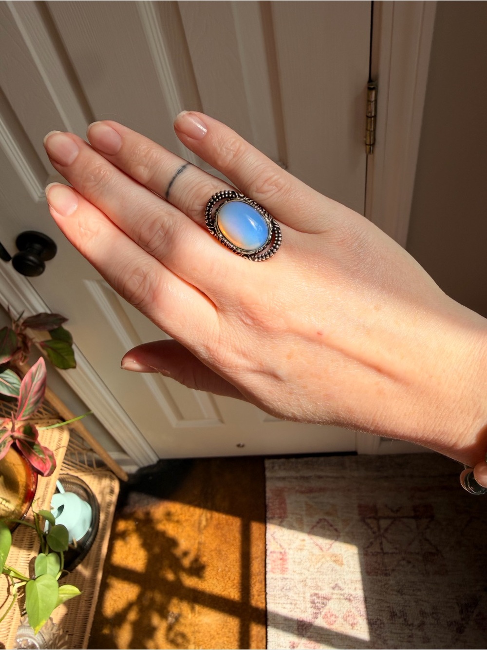Stunning Blue Opalescent Oval Stone silver plated Ring adjustable